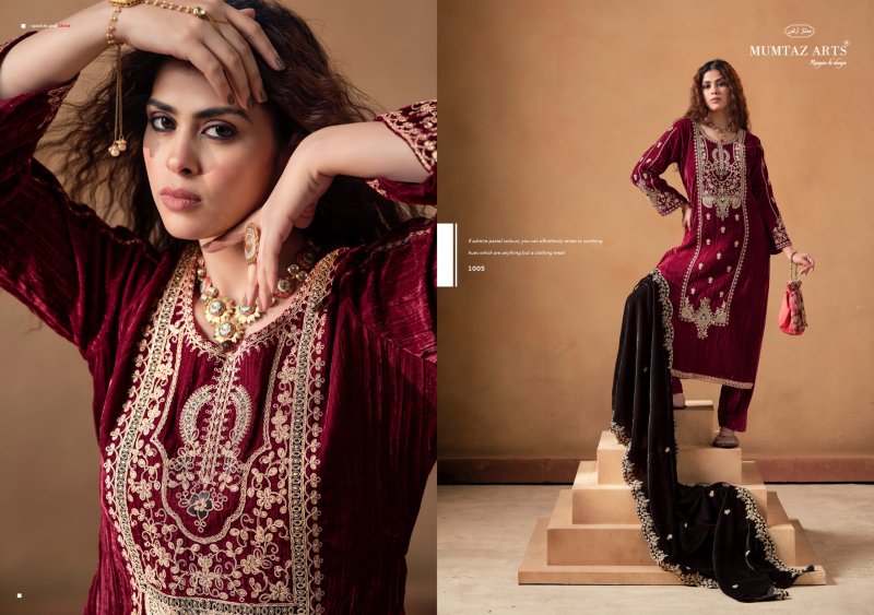 Saanjh By Mumtaz Arts Crush Velvet Embroidered Designer Salwar Suits